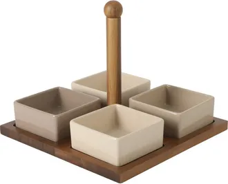 Gibson Home Gracious Dining 4-Piece Stoneware Tidbit, Condiment & Dip Dish Set with Acacia Wood Tray in Taupe at Nordstrom