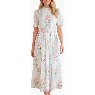 Needle & Thread Floral Ribbon Cotton Short Sleeve Dress in Optic White/blue at Nordstrom, Size 10
