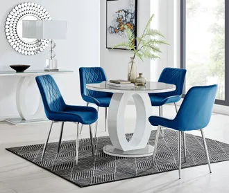 Furniturebox Giovani Round 4 Seat 100cm White High Gloss Halo Base Grey Glass Top Dining Table 4 Soft Velvet Silver Leg Pesaro Chairs in Navy