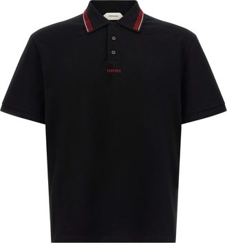 Versace Tops, Heren, Zwart, XL, Katoen, Geborduurd-logo Katoenen Piqu&eacute; Polo