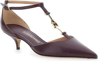 Ferragamo Womens Bordeaux Pumps With T Strap And Low Heel Goat
