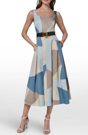DKNY Abstract Pleated Sleeveless Belted Stretch Cotton Midi Dress in Washed Indigo/Sea Mist Multi at Nordstrom, Size 14