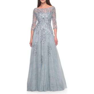 La Femme A-Line Lace and Beaded Mother of the Bride Gown in Dusty Blue at Nordstrom, Size 16