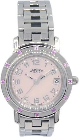 Herm&egrave;s 1990-2000s Clipper 26mm - women - stainless steel/Shell/Pink Sapphire - One Size