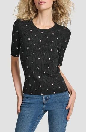 DKNY Studded Metallic Rib Short Sleeve Sweater in Black at Nordstrom Rack, Size Small