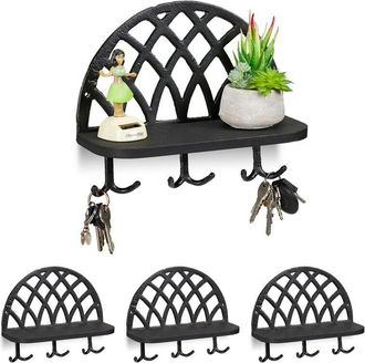 Relaxdays Relaxdays Set of 4 Coat Racks, Shelf & Hooks, Vintage Key Storage, Cast Iron, Wood, HWD: 23x27x12 cm, Black