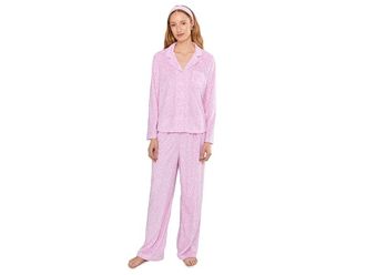Karen Neuburger Minky Fleece Long Sleeve Notch Top Long Pants Set Womens Pajama Sets Fancy Cheetah : MD (Womens 10-12), Polyester