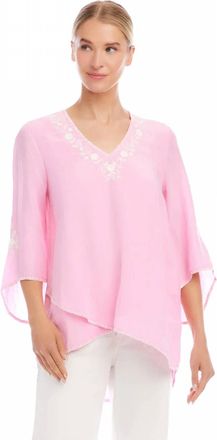 Karen Kane Bracelet Sleeve Embroidered Asymmetric Top In Pink