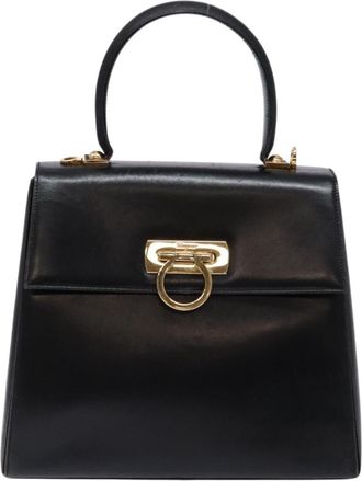 Ferragamo Gancini Convertible Top Handle Bag Leather Black Leather Handbag (Pre-Owned)