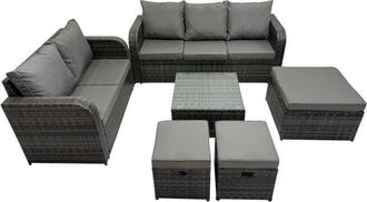 Fimous Wicker pe Rattan Garden Outdoor Furniture Set Love Sofa Square Coffee Table Set with 3 Stools Dark Grey Mixed - Fimous