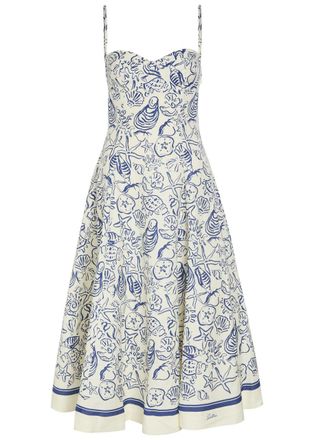 SIMKHAI Analise Printed Linen-blend Midi Dress - Blue - S (UK8-10 / S)