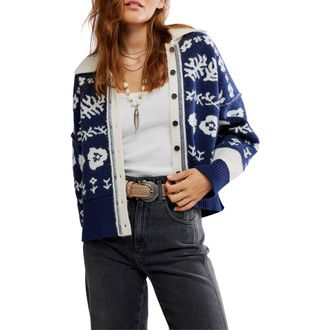 Free People Shelby Floral Jacquard Cardigan in Navy at Nordstrom Rack, Size Large