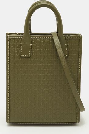 Carolina Herrera Mini Green Monogram Embossed Leather And Suede Tote
