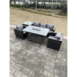 Fimous Fimous Outdoor PE Rattan Garden Furniture Gas Fire Pit Dining Table Armchairs With Side Coffee Table Dark Grey Mixed