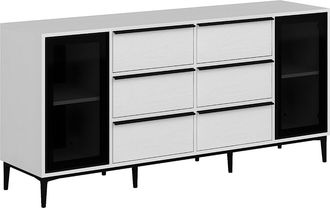 Vente-Unique Aparador con 2 puertas de vidrio templado y 6 cajones - Blanco y negro - MOLINIA
