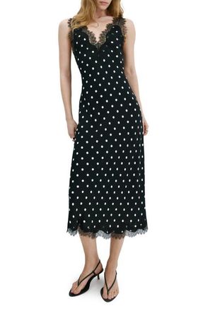 Mango Lace Detail Polks Dot Dress in Black at Nordstrom, Size 2