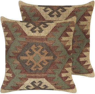 Beliani Set of 2 Decorative Cushions CUMBUM Jute 45 x 45 cm Brown Oriental Pattern