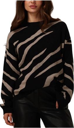 Object Zwarte Gebreide Pullover met AOP Patroon - Dames - Ronde hals truien - Zwart - XS - Katoen - Truien & Vesten