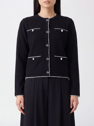 Tory Burch Slim Fit Wool Cardigan with Crew Neck and Patch Pockets