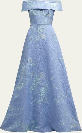 Teri Jon Off-Shoulder Metallic Flower Jacquard Gown