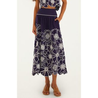 Farm Rio Flowers Richelieu Cotton Midi Skirt in Blue at Nordstrom, Size Xx-Small