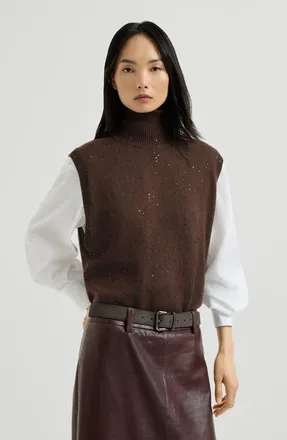 Brunello Cucinelli Cashmere and silk Diamond yarn turtleneck sweater vest in Brown at Nordstrom, Size X-Small