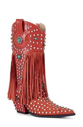 Azalea Wang Greyson Fringe & Stud Cowboy Boot in Red at Nordstrom Rack, Size 6.5