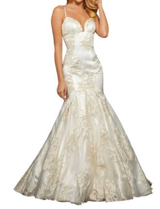 Sherri Hill Metallic Print Mermaid Wedding Dress In Ivory/gold