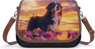 Generic Bernese Dog Sunset Crossbody Bag Womens Handbag PU Message Bags Shoulder Purse with Adjustable Strap