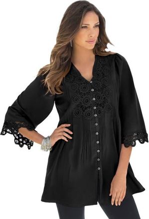 Roaman's Plus Size Juliet Lace Trim Button Down Shirt in Black at Nordstrom, Size 14