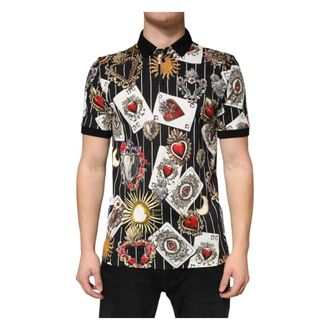 Dolce & Gabbana Tops, Heren, Veelkleurig, L, Katoen, Card Heart Print Katoenen Polo T-shirt