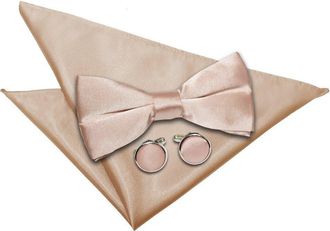 DQT Men Pre-Tied Plain Satin Wedding Bow Tie + Pocket Square & Cufflinks Set - Mocha Brown