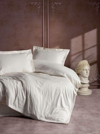 Asir Group LLC Juego De Cama - 1 Funda N&oacute;rdica 140 X 200cm + 1 Fundas De Almohada 60 X 60 Cm - Sat&eacute;n - Impresi&oacute;n Rayas Ecru