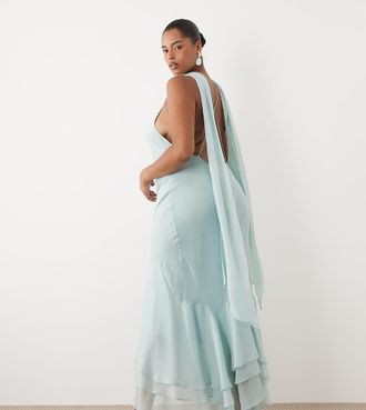 Asos Curve ASOS DESIGN Curve - Vestito lungo allacciato al collo blu con dettaglio a foulard e fondo con volant