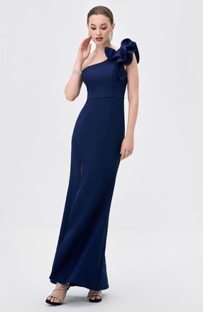 Bariano Sue Frill Shoulder Gown in Navy at Nordstrom, Size 10