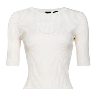 Pinko Geribbelde top van katoen en zijde met transparant logo - Dames - T-shirts - Wit - XL - Katoen - Tops