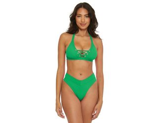 BECCA by Rebecca Virtue Modern Edge Lace up Halter Womens Swimwear Verde : SM, Nylon/Spandex