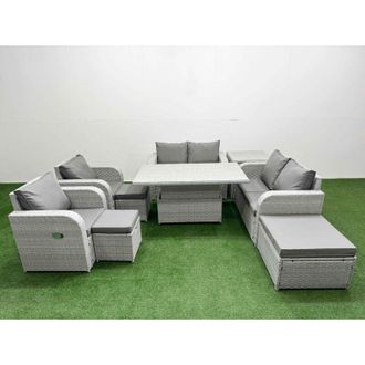 Fimous 9 Seater Outdoor Reclining Chair Love Sofa Set Rattan Garden Furniture Set with Adjustable Lifting Dining or Coffee Table 3 Stools 2 Side Table Light
