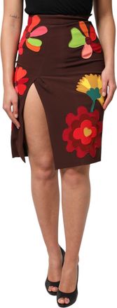 Dolce & Gabbana Brown Floral High Waist Side Slit Womens Skirt