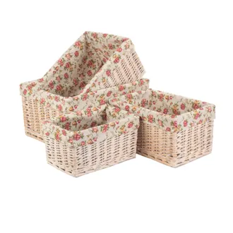 Red Hamper Wicker White Wash Garden Rose Lined Storage Baskets Set 4 in Natural
