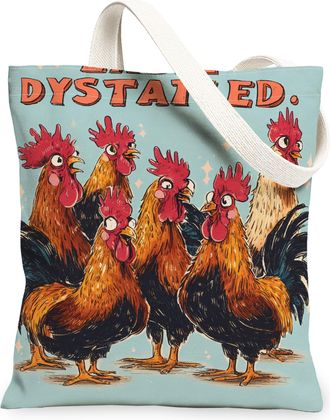 Generic Rooster Canvas Tote Bags, Chicken Pattern Reusable Grocery Bags, Lightweight Washable Shoulder Strap Canvas for Travel Beac, Blue, 13x15 Inch