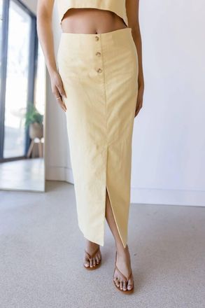 Moon River Front Button Linen Midi Skirt In Light Yellow