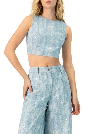 Ivonne Sleeveless Embroidered Denim Crop Top in Blue at Nordstrom, Size 12