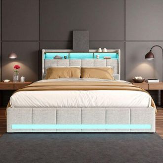 OEM Cama Doble 140x200 Cm - Almacenamiento Con 4 Cajones - Iluminaci&oacute;n Led Rgb - Tela Ecol&oacute;gica Beige