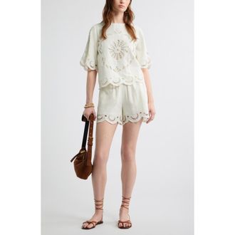 Treasure & Bond Cutwork Hem Linen Blend Pull-On Shorts in Ivory Egret at Nordstrom, Size Xx-Small