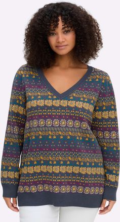 Sheego Jacquardpullover SHEEGO Pullover, Damen, Gr. 48/50, rauchblau, gemustert, 50% Baumwolle, 50% Polyacryl, gemustert, mehrfarbig, Pullover Jacquardpullov