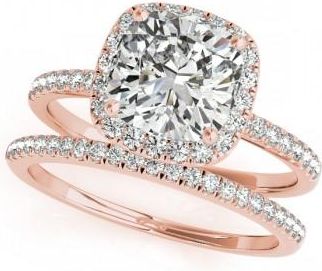Allurez Cushion Diamond Halo Bridal Set French Pave 14k Rose Gold 0.84ct