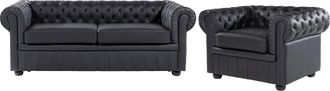 Beliani Conjunto De Sof&aacute;s Para Sal&oacute;n Chesterfield Tapizado En Cuero Negro Con Patas De Madera Oscura Sof&aacute; 3 Plazas Y Un Sill&oacute;n Chesterfield