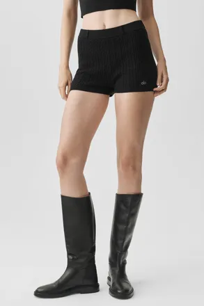 Alo | Mini Cable High-Waist Sweater Short Top in Black, Size: Medium