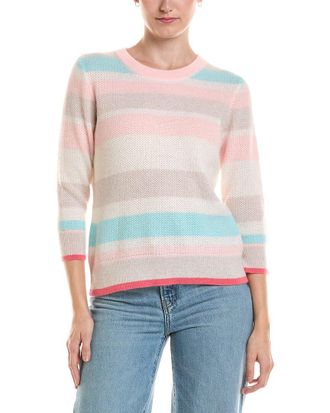 Fort&eacute; Cashmere 3/4-Sleeve Openwork Stripe Crewneck Cashmere Sweater